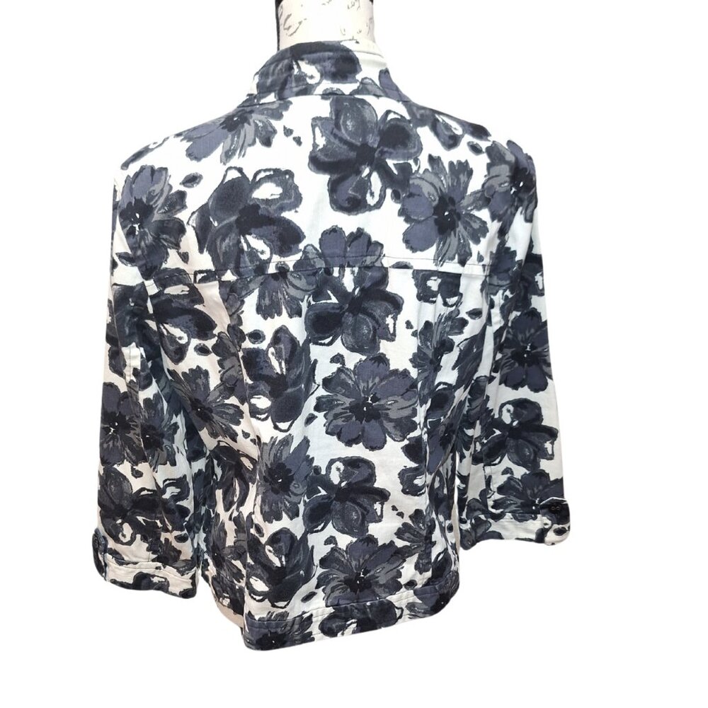 Womens‎ Black & White Floral Denim Jacket Large - Retro 90s Cottage Preppy - Picture 7 of 9